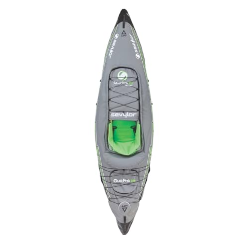 Sevylor QuickPak K5 24 Gauge PVC Polyester 1 Person Inflatable Kayak w/Hand Pump, Paddle, Double Lock Valves and Easy To Carry Backpack System, Gray