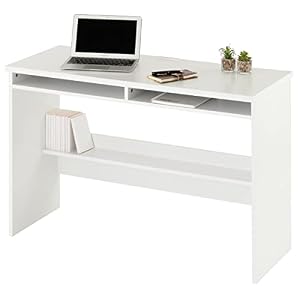 ぼん家具 【完成品】 デスク パソコンデスク 収納ラック 幅110×奥行45cm 2口コンセント 勉強机 つくえ 棚付き ワークデスク スリム ホワイト