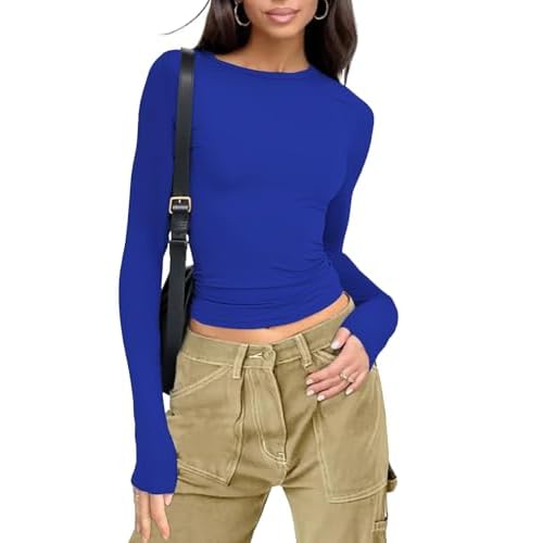 Womens Long Sleeve Shirts Basic Tees Y2k Slim Fit T Shirt Crew Neck Trendy Crop Top Casual Trendy 2026
