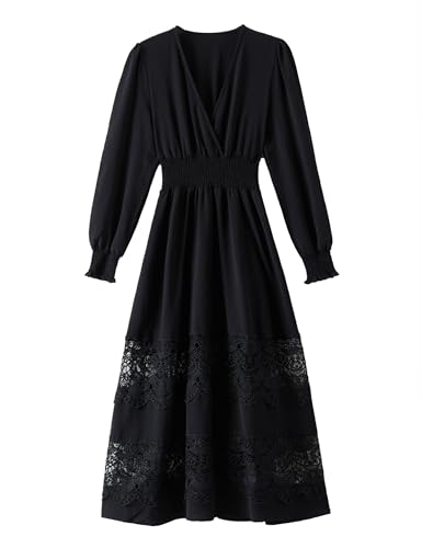 Image of Olaesa Long Sleeve Boho Maxi Dress for Women Lace Wedding Guest Dress | Spring Fall Bohemian Dress, Long Flowy Family Photo Dress with Pockets, V Neck Long Western Vacation Outfits