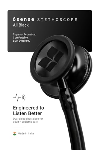 Image of Knya 6sense Stethoscope for Doctors & Residents | Tunable Diaphragm | Dual-Head Chest Piece for Adult & Pediatric Use | Lightweight Stainless Steel | Latex-Free Tubing | Soft-Seal Ear Tips | Premium Gift Box | for Medical Students (All Black)