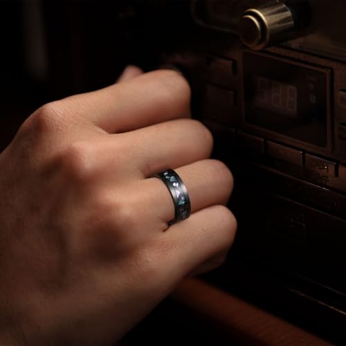 King Will Black Tungsten Wedding Band for Men Women -8mm Flat Polished Edge Ring with Large Blue, White & Abalone Shell Inlay, Men's Tungsten Carbide Wedding Ring Comfort Fit Size 7-144