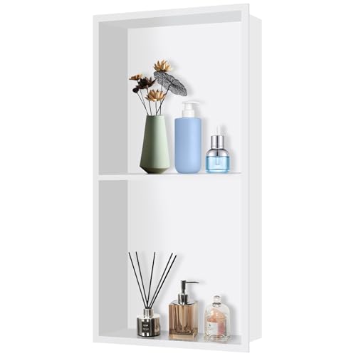 FTL Shower Niche White Bathroom Niche with Double-Layer 305 x 610 x 95(333x640x100) mm Stainless Steel Bathroom Wall Niche No Tile Needed Shower Shelf Niche Insert