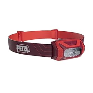 PETZL TIKKINA Headlamp – Compact, Easy-to-Use 300 Lumen Headlamp, Designed for Hiking, Climbing, Running, and Camping – Red