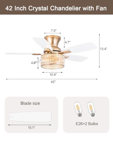 Image of 42 inch Flush Mount Crystal Ceiling Fan with Lights White and Gold
