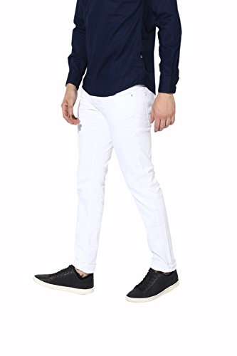Image of HALOGEN Men's Clasic Slim Fit White Denim Jeans | Light wash denim 5-pocket mid-rise jeans, clean look with no fade, has a button and zip closure, waistband with belt loops