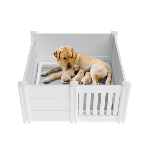 Whelping Box for Dogs Puppies 48x48x18in with Pig Rails Washable Pad Suitable for Small Medium Large Breeds White Whelping Supplies