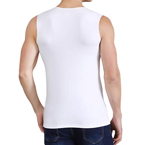 Men's Tank Top Sleeveless V-Neck Slim-Fit Pure Comfy & Soft Breathable Workout Vest (L, White) #TOP1