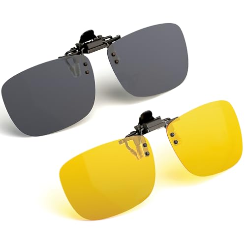 CAXMAN Polarized Clip-on Flip Up Metal Clip Rimless Sunglasses, Lightweight, XL Size, Set of 2 PCS (Black + Yellow)