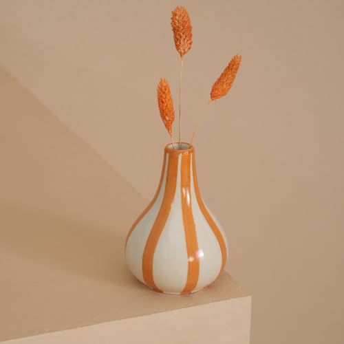 Image of PUREZENTO Yellow & White Striped 'Tulip Bud' Ceramic Vase 6 Inch (Pack of 1) | Unique Modern Bud Vase for Dried Flowers & Pampas Grass | Vases for Modern Home Decor, Living Room & Office Decor Ideas