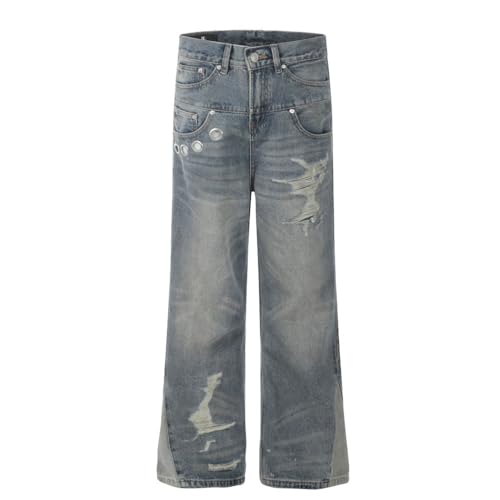 Men's 2025 Y2K Fashion, Washed Blue Baggy Ripped Jeans, Vintage 90s Gothic Lady Denim Trousers