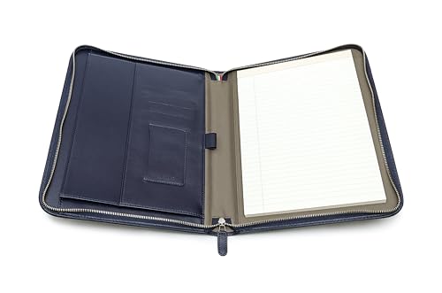 Image of Premium Maruse Leather Portfolio Padfolio - Executive Folio for Men and Women with Zipper, Folio Document Organizer, Laptop Sleeve, iPad Case and Folder - Made in Italy, Navy Blue