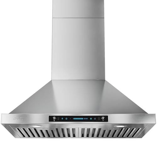 IKTCH 30-inch Wall Mount Range Hood 900 CFM Ducted/Ductless Convertible, Kitchen Chimney Vent Stainless Steel with Gesture Sensing & Touch Control Switch Panel, 2 Pcs Adjustable Lights(IKP02-30'')