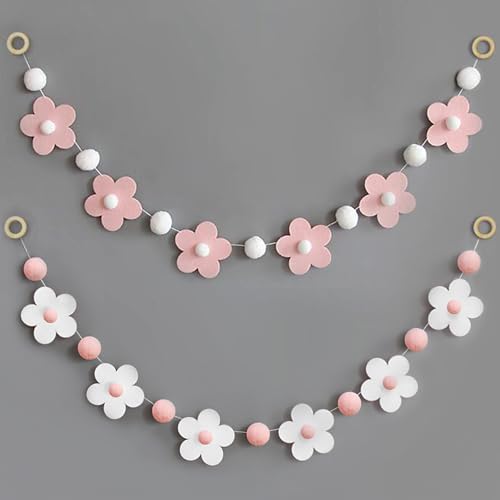 2 Stück Filz Girlande Mit Blumen Weiß Rosa Kugeln - Daisy Banner für...
