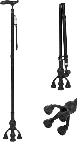 Careboda Foldable Walking Cane, Folding Cane with T-Handle, Free Standing for Seniors & Adults, Adjustable Height from 94-104 cm, Mobility and Daily Living Aids, Supports up to 300 lbs/136kg, Black