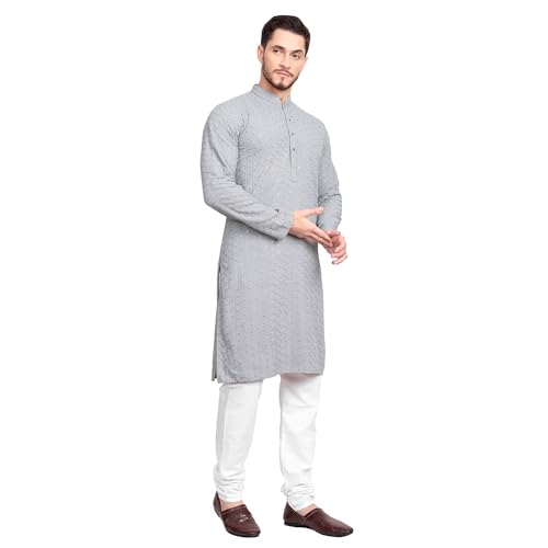 Image of Rayon Ethnic Wear Full Chikankari Sequin Embroidery Mirror Work Traditional Straight Kurta Pyjama Set for Men