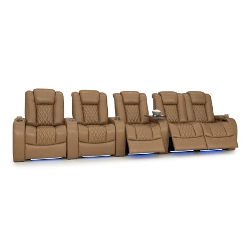 Image of Seatcraft Diamante Tan Oak Italian Leather Home Theater Seating, Zero Gravity Power Recliner Gaming and Home Office Chair Powered Headrest Lounge Sofa Furniture Cinema Room, Row of 5 Right Loveseats