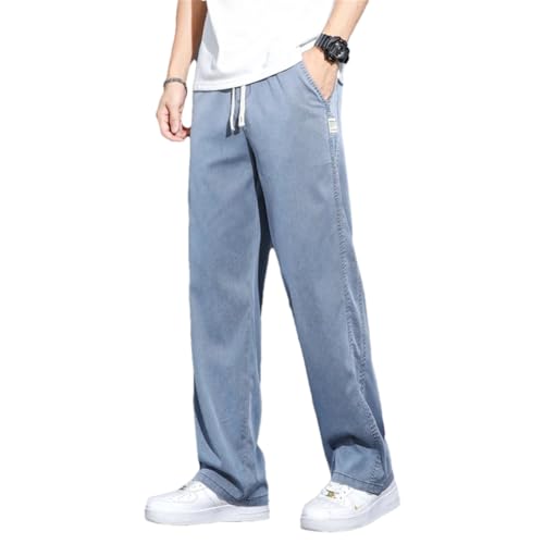 Men Summer Fabric Jeans Loose Straight Thin Elastic Waist Denim Pants Blue L