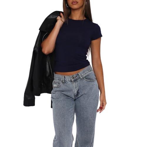 OOHOKAY Camiseta básica de manga corta para mujer, cuello redondo, ajustada, color liso, para verano, Y2K, ropa casual, Azul marino-b, XS Corto