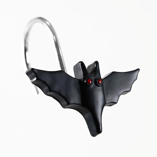 Halloween Bat Shower Curtain Hooks12 Pcs Spooky Bat Design Decorative Hooks with Rustproof Stainless Steel Rings for Gothic Haunted House & Witchy-Themed Ghost Horror Bathroom or Bedroom Dcor