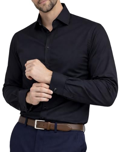 Men's Plain Dress Shirts,Long Sleeve,Double French Cuff with Cufflinks Included,Regular Fit, 14 Colours, Business Wedding Work Shirt by Janeo British Apparel. Black, 15.5 inches