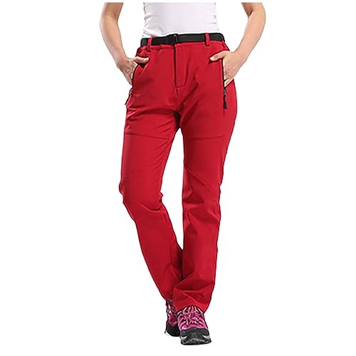 Damen Regenhose mit Fleece gefüttert, wasserdicht, winddichte Wanderhose zum Angeln & Outdoor, Stretch, hohe Taille, lange Arbeitshose, Y2K Streetwear, rot, XXL