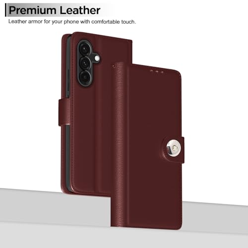 Image of Pikkme Flip Cover Leather Finish | Inside TPU with Card Pockets | Wallet Stand and Shock Proof | Complete Protection Button Flip Case for Samsung Galaxy A56 5G(Brown)