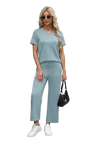 Image of WIHOLL 2 Piece Sets for Women Summer Lounge Set Wide Leg Pants Matching Set Vacation Travel Outfits Beach Clothing
