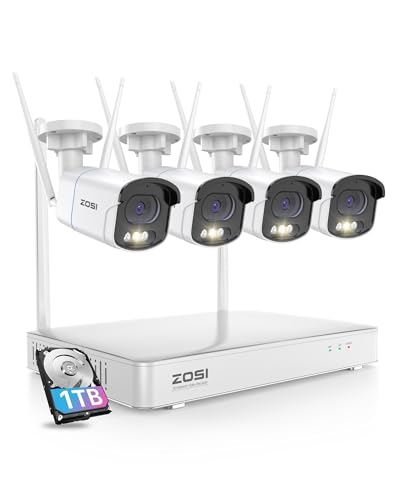 ZOSI 4MP Kit Cámaras de Vigilancia WiFi 4X Cámara de Seguridad Exterior con 8CH H.265+ Grabador NVR y 1TB HDD, Visión Nocturna en Color, Detección y Alarma de Persona