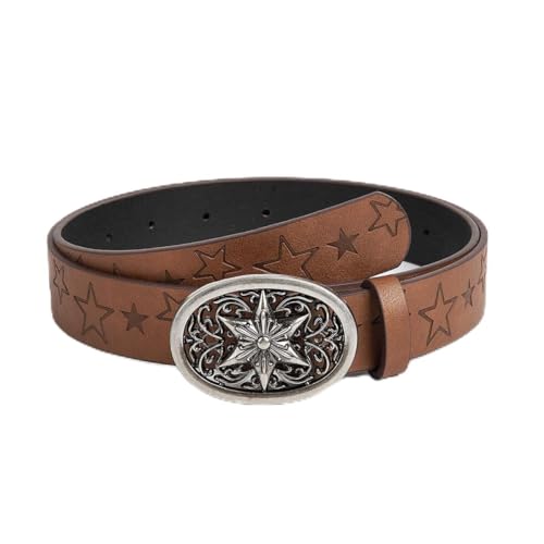 Western Belt for Women Brown Leather Belts for Jeans Vintage Cowgirls Waist Belt with Silver Buckle
