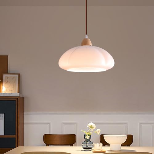 Lampe Suspendue en Verre Vintage Plafonnier Bois Rustique et Abat-Jour Citrouille