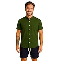 Conjunto Masculino Casual, Camisa Manga Curta Gola Padre e Short em Linho, Tecido Leve e Confortável, Verão (Padrão, Verde e azul, P)