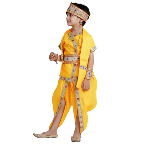 Image of Kaku Fancy Dresses Raja Ram Costume for Kids Ramayan Fancy Dress for School Mythological Events - Yellow, 3-6 MONTH, Unisex