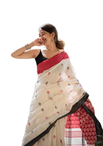 Women’s Jamdani Handloom Pure Cotton Saree – White with Red & Black Border | Lightweight & Elegant Ethnic Wear