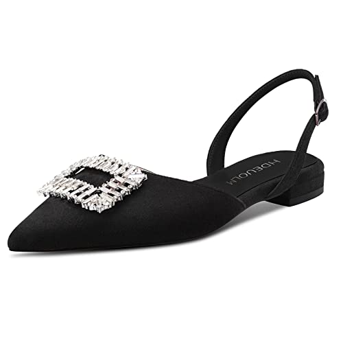HDEUOLM Women Chunky Block Low Heel Pointed Toe Flats Shoes Slingback Rhinestone Crystal Prom Dress Shoes