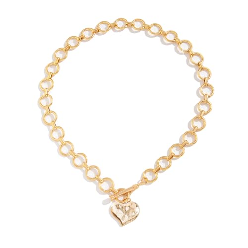 Solbrezeni Chunky Jewellery for Women, Gold Coloured Necklace, Gold Chunky Chain Necklace for Women, Women's Fashion Jewelry, Large Statement Hammered Heart Pendant Necklace （Alloy Material）
