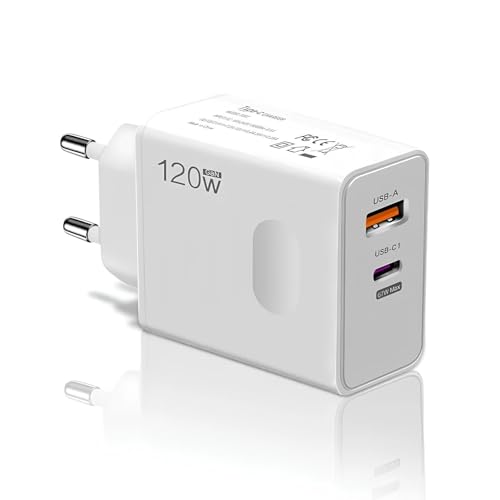 Caricatore Rapido da Muro 120W USB-C e USB-A Multiplo, Power Delivery 67W + Quick Charge 67W, Spina Europea, Adattatore per Laptop, Smartphone e Tablet iPhone Samsung – Bianco