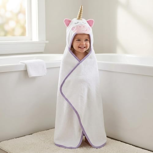 Image of EVERYDAY KIDS Hooded Baby Toddler Bath Towel for Girls - 3D White Unicorn Towel with Horn; Soft and Absorbent Terry Cloth Hooded Towel for Young Kids; Baby Girl Bath Essential