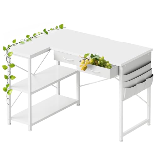 Maihail l字デスク机pcデスク パソコンデスク 幅100cm×奥行45cm つくえ 勉強机学習机 左右入替可 布製引き出し付き オフィスデスク ワークデスク 収納ラック白い