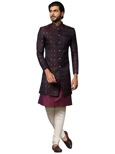 Kisah Mens Kurta Sherwani Churidar Set Silk Blend Jacquard, Indo-Western Mens Wear, Purple, 44