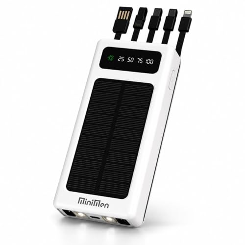 Power Bank Solar Premium 20000mAh com Cabos Embutidos Display Digital Carregador Portátil, Compatível iPhone e Android