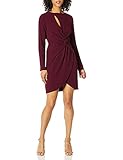 Dress the Population Women's COBY Long Sleeve Stretch Crepe Twist Short Dress, Burgundy, S