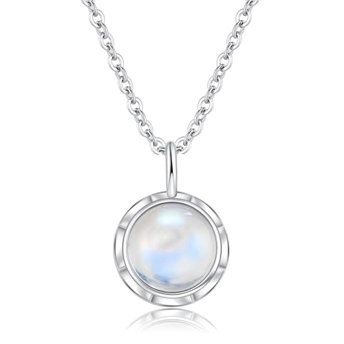 Natural Larimar/Moonstone Necklace 925 Sterling Silver Minimalist Blue Round Stone Pendant Necklace Gemstone Jewelry for Women Love2