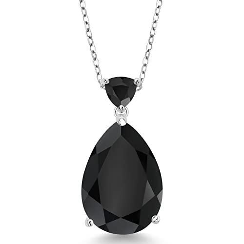 Gem Stone King Gemstone Birthstone and Black Onyx Teardrop Pendant Necklace for Women | 925 Sterling Silver | 18X13MM Pear Center with 5MM Trillion Accent | 18-Inch Cable Chain | Gift for Her Wife Mom - Main Image