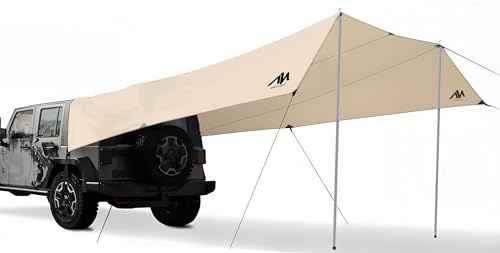 AYAMAYA Car Awning Camping Tarp Tailgate - 14 x 16 FT Extra Large Car Tent Tarp with 2 Poles Included, Multifunctional Waterproof Rain Fly Sun Shelter Canopy for SUV Truck Jeep Outdoor Activities