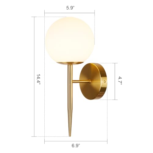 Image of Modern Gold Globe Wall Sconce Decor Set of 2, Industrial Mid Century Bathroom Vanity Wall Light with White Globe Glass Shade Brushed Brass Wall Lamp for Restaurant Living Room Bedside Stairs