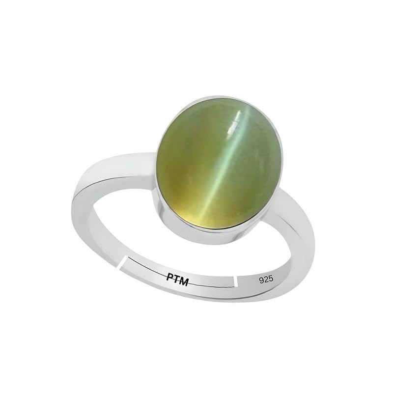 PTM Natural Cats Eye/Lahsunia 3.25 to 10.25 Ratti or 3.00 to 9.50 Carat Astrological Certified Gemstone Pure Sterling Silver/925 bis Hallmark Adjustable Ring for Men and Women