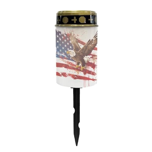 Vanideaoty American Flag Solar Lights Outdoor for Cemetery US Flag Cemetery Solar Lights with Eagle Grave Decorations Waterproof LED Lighting