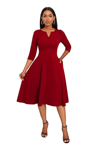 Image of Nmoder Midi Dresses for Women A-Line Fit and Flare Dress 3 /4 Sleeve V Neck Cocktail Wedding Guest Work Dress with Pockets