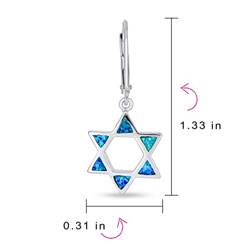 Created Blue Opal Religious Judaica Menorah & Hanukkah Star Of David Leverback Dangle Earrings For Women Teens Bat Mitzvah .925 Sterling Silver4